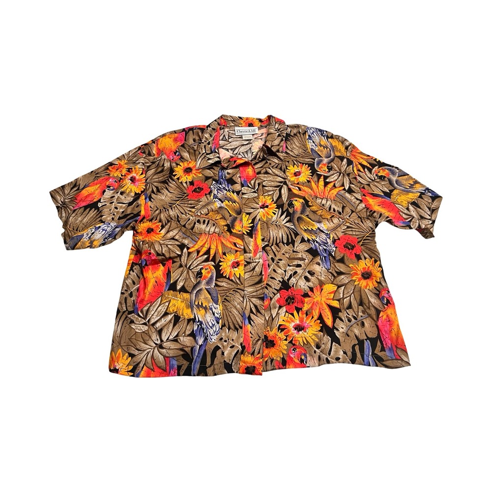 Vintage Tropical Parrot‎ Print Rayon Button Up Short Sleeve Shirt Brown Size 12